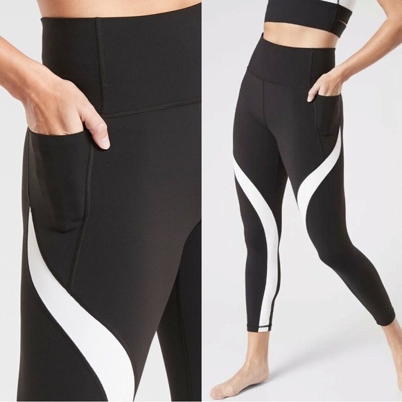 Athleta Pants - Athleta • Colorblock Salutation Stash Pocket Tight 7/8 black white leggings